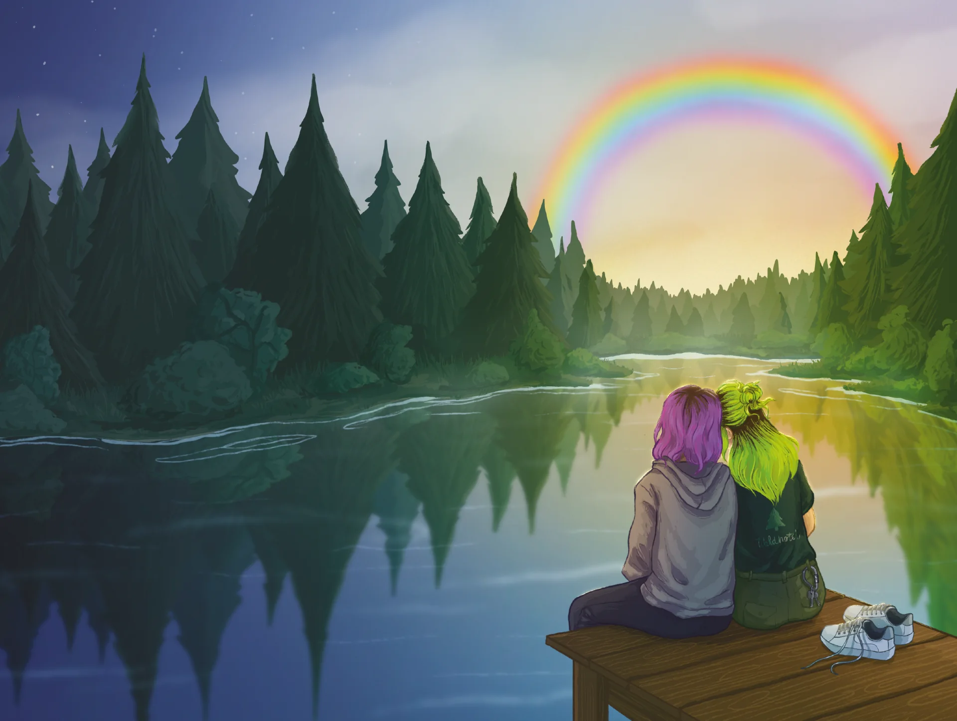 Elli und Jonna „Joy“ Kröger sitzen am Schimmersee unter einem Regenbogen
